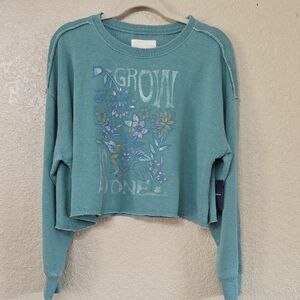 Lucky Brand Teal Knit Cropped Graphic Sweater
